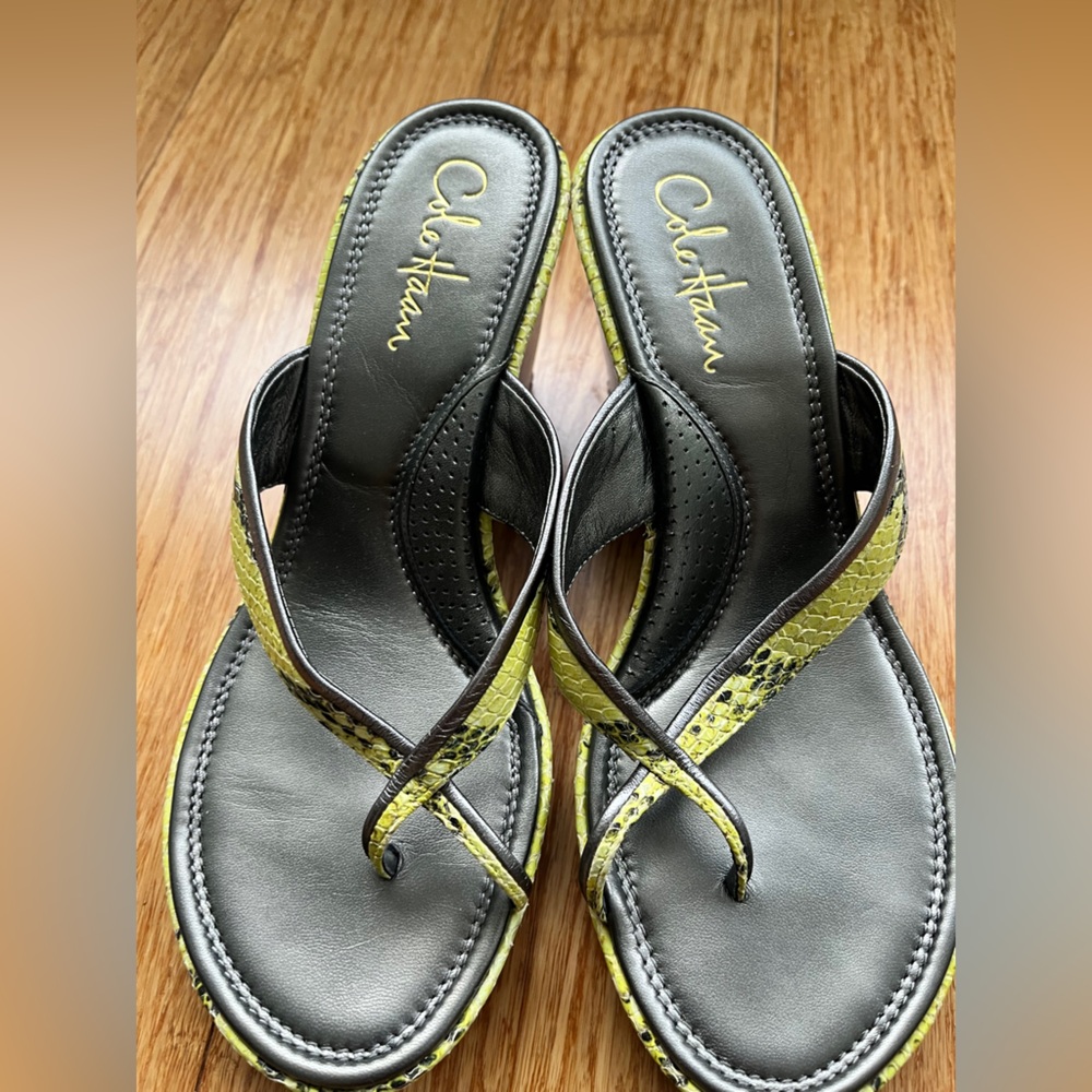 Cole Haan Air Snake 🐍 Wedge Heel Lime 🍋‍🟩 Green & Silver Leather Thong Sandal 8 - Picture 10 of 14
